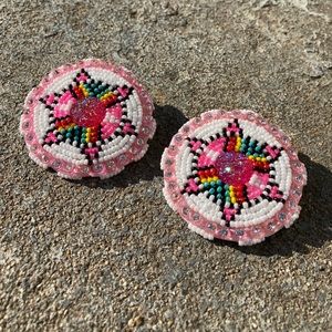 Vintage Native American Large Pink Round Tribal Seed Bead Handmade Earrings